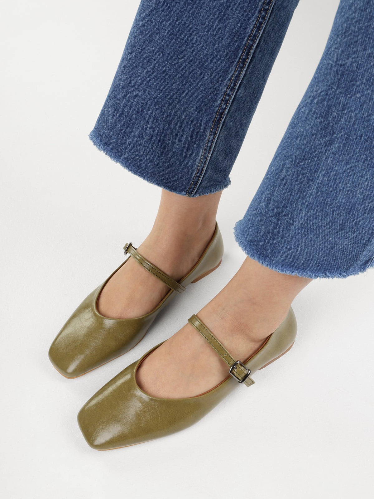 Olive Green Square-Toe Buckle Bridge Strap Stylish Ballet Flats