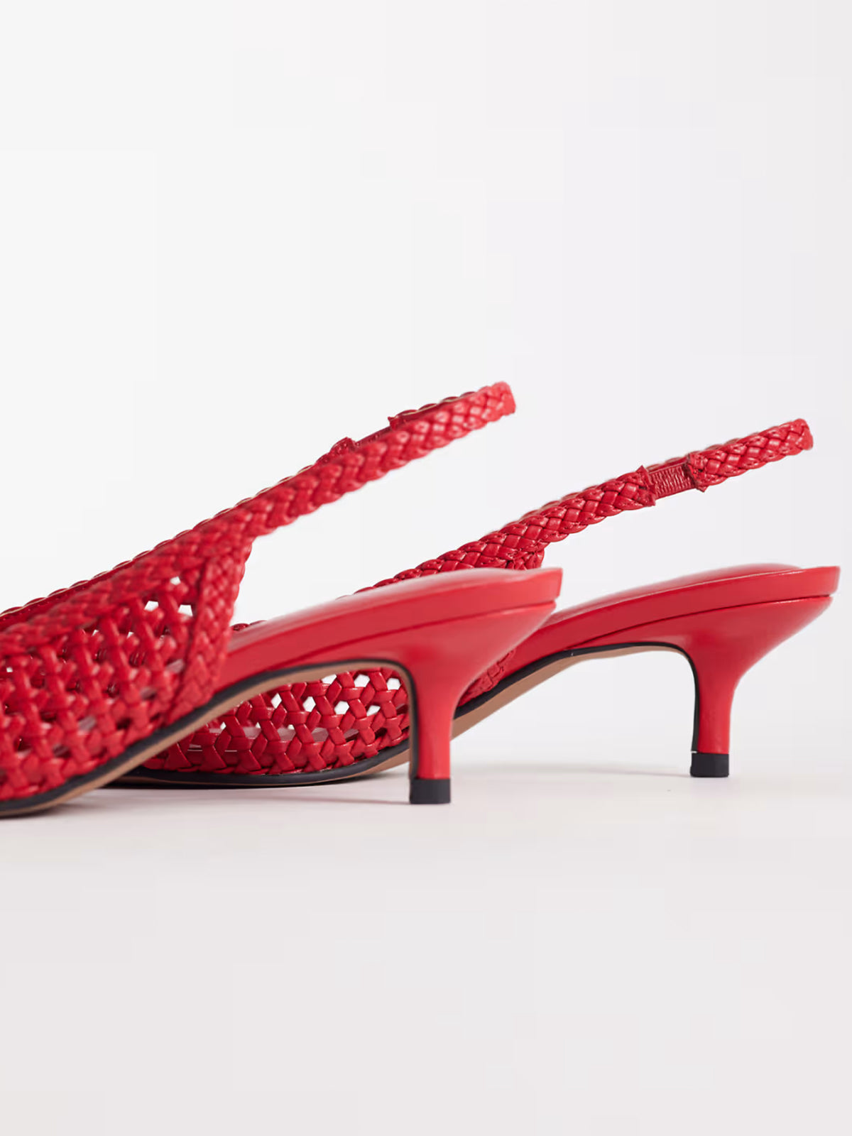 Red Woven Vegan Leather Pointed-Toe Classic Back Strap Kitten Heels