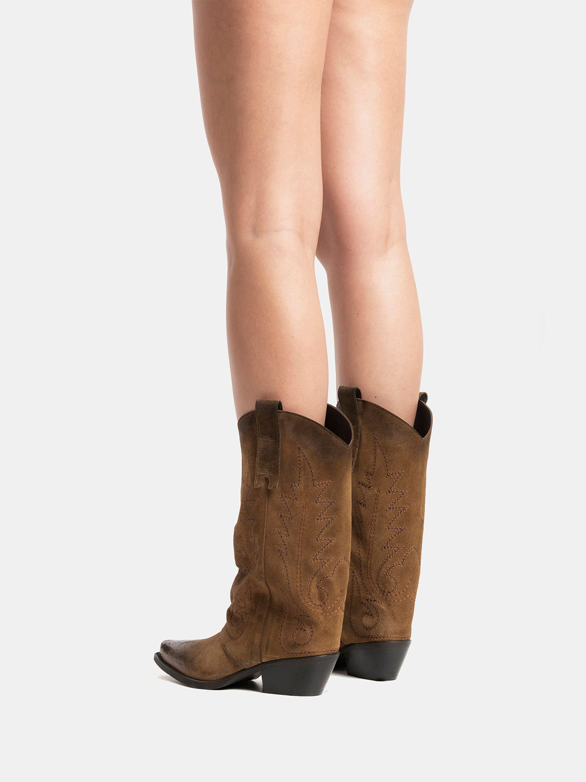 Taupe Snip-Toe Faux Suede Embroidery Classic Mid Calf Cowgirl Boots