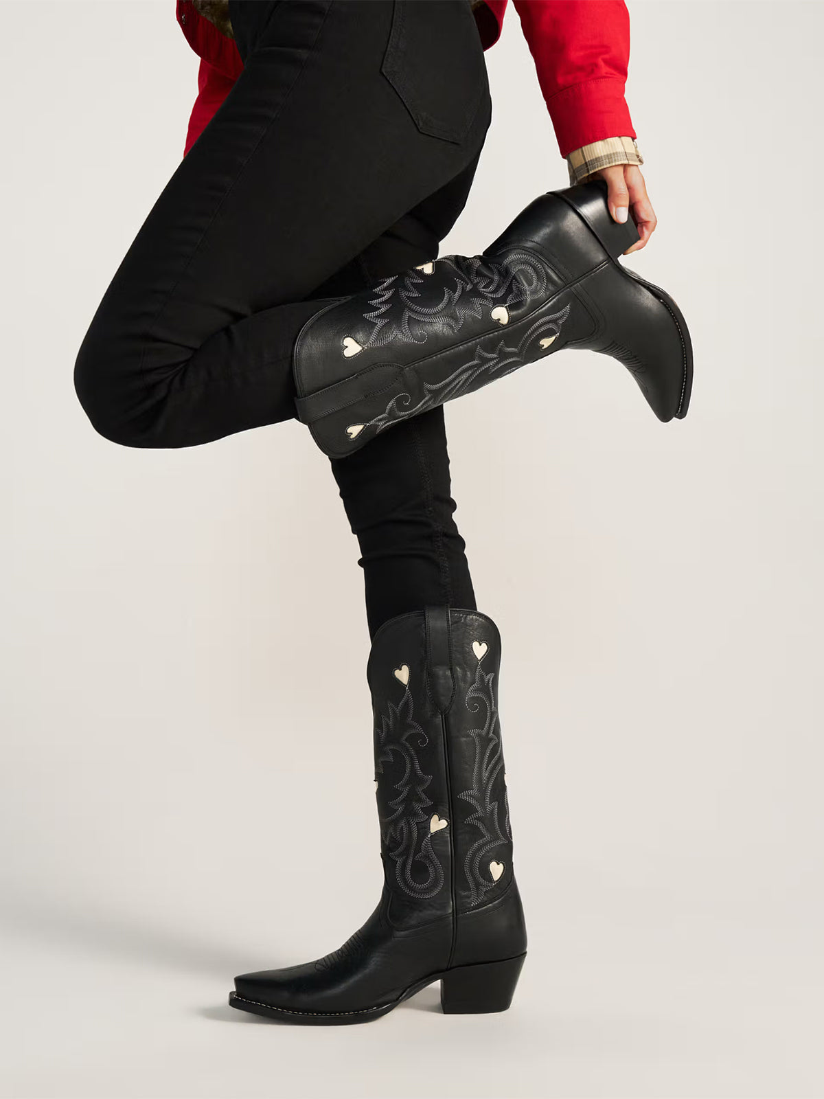 Black Snip-Toe Embroidery White Heart Inlay Mid Calf Cowgirl Boots