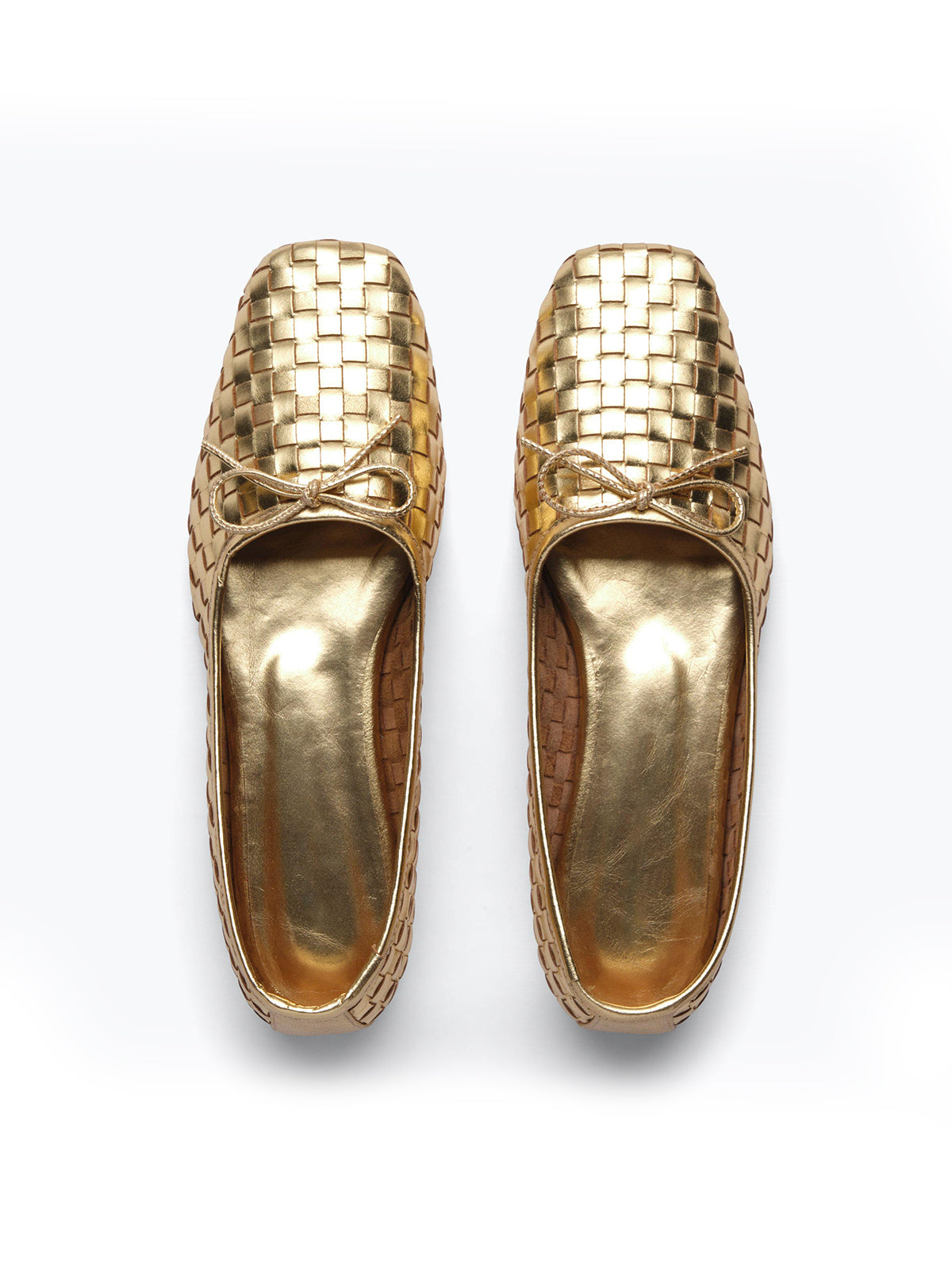 Vegan Leather Woven Square-Toe Bow Ballet Flats - Metallic Gold