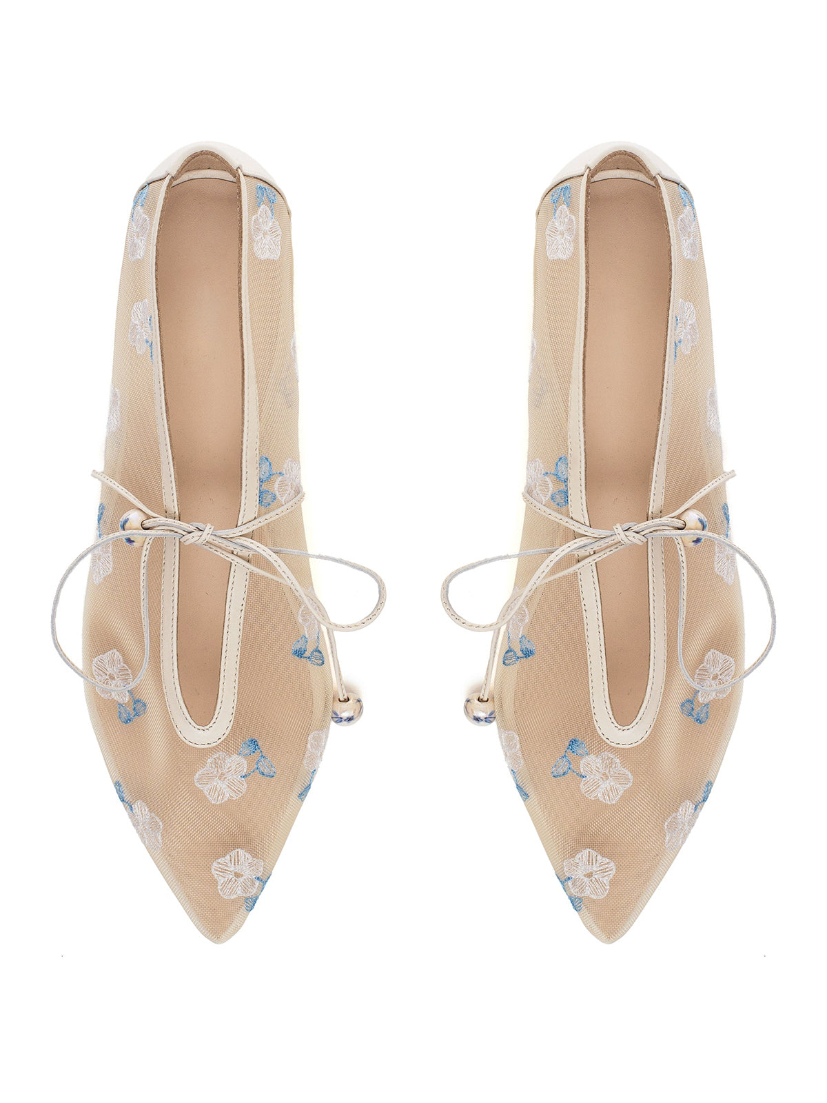 Cream Mesh Pointed-Toe Wildflowers Embroidery Mary Jane Ballet Flats
