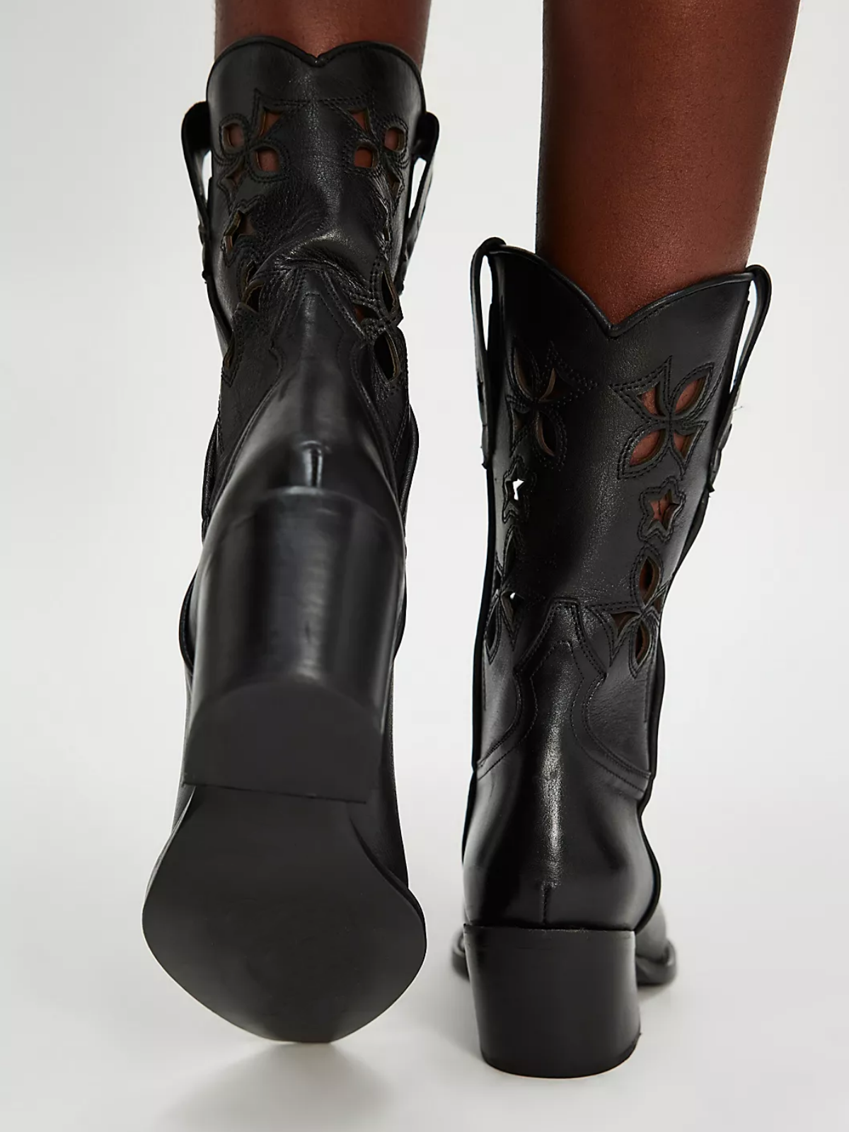 Black Cutout Embroidery Pointed-Toe Wide Mid Calf Cowgirl Boots