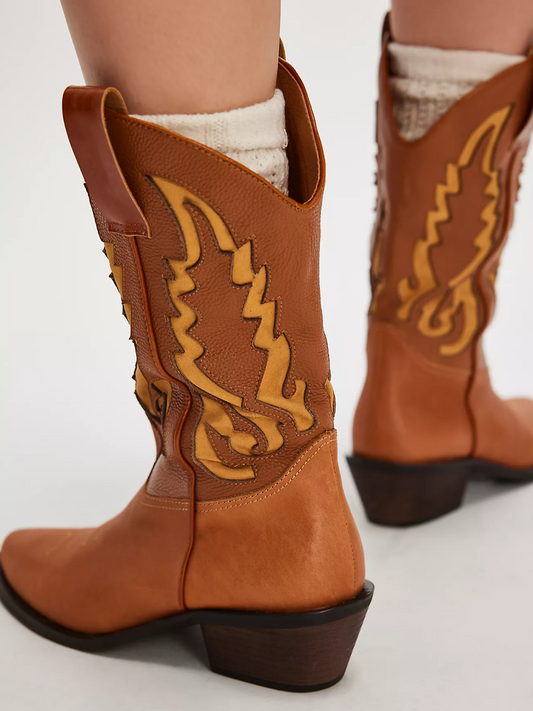 Dark Tan Pointed-Toe Inlay Wide Mid Calf Cowgirl Boots