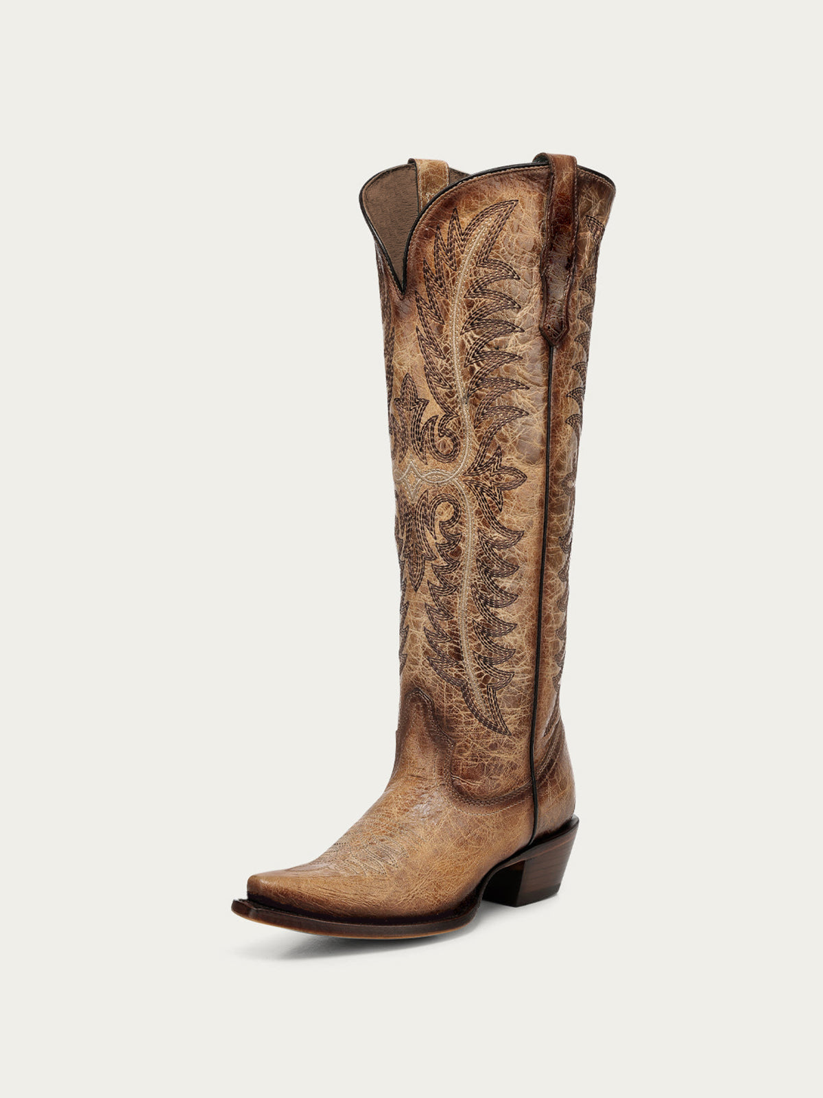 Distressed Tan Snip-Toe Embroidery Retro Half-Zip Knee High Cowgirl Boots