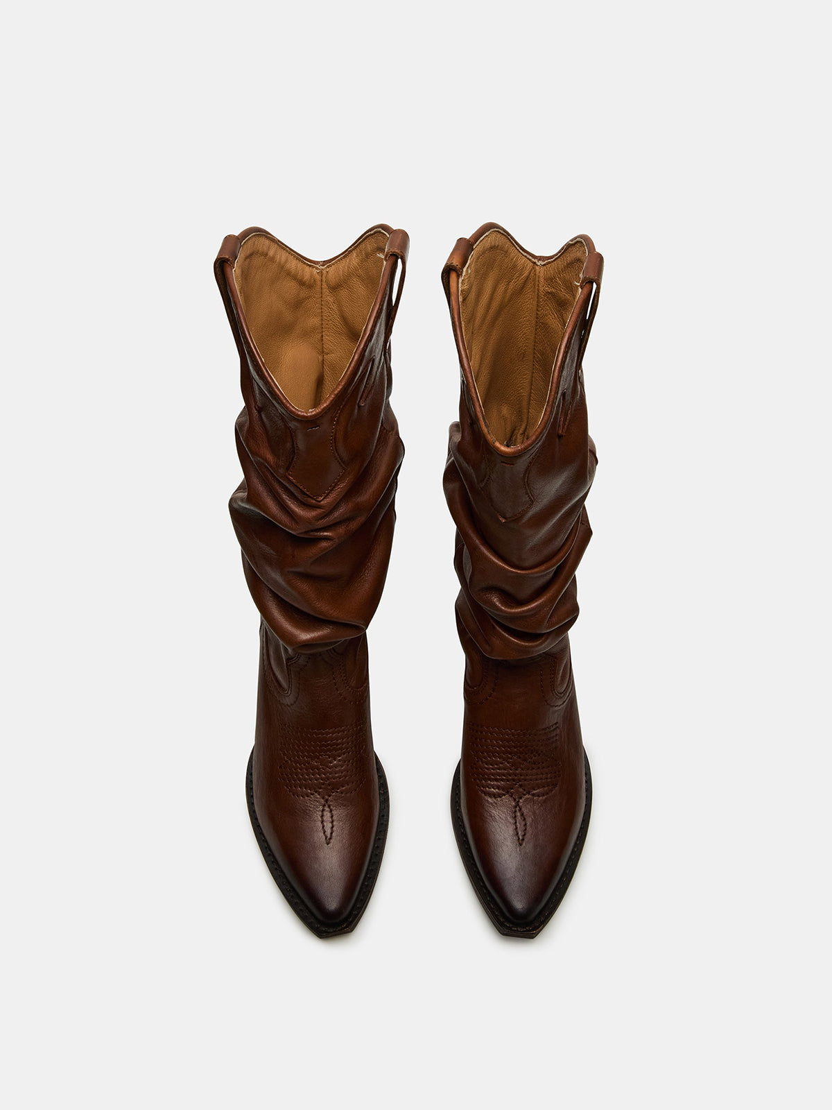 Cognac Pointed-Toe Scrunched Tall Knee High Wide Calf Cowgirl Boots
