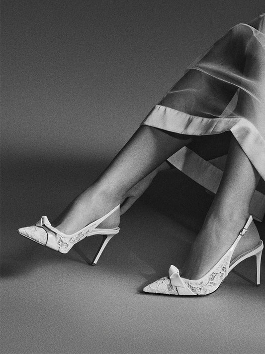 Ivory Lace Mesh Pointed-Toe Front Knot Buckle Slingback Kitten Heels