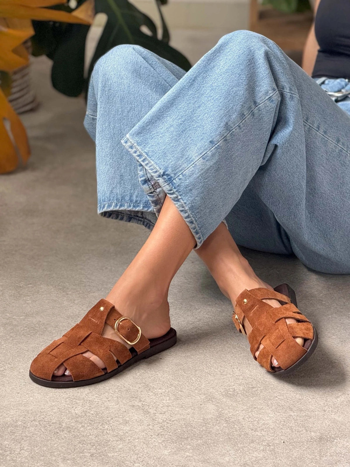 Brown Cow Suede Round-Toe Caged Detail Backless Flats