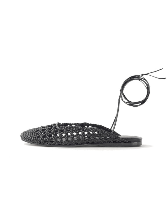 Black Woven Vegan Leather Round-Toe Backless Flats Sandals