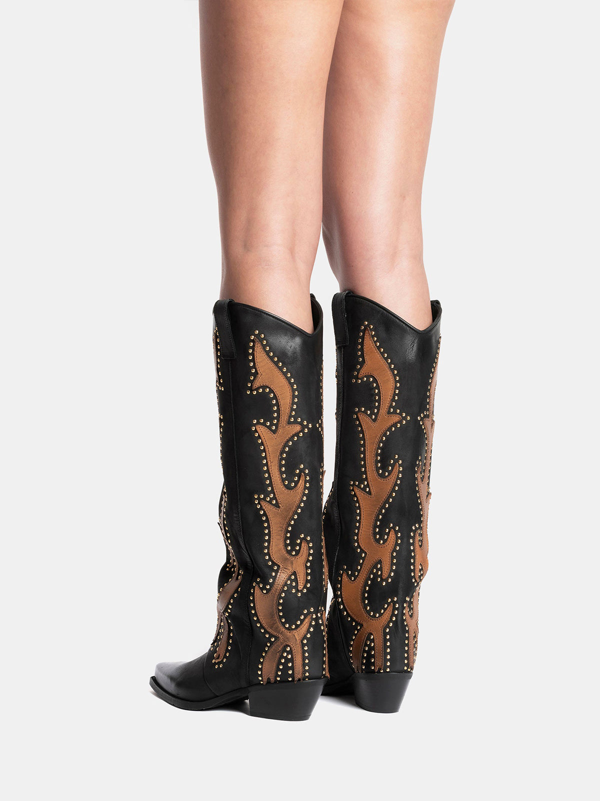 Black Snip-Toe Inlays Studs Wide Calf Knee High Cowgirl Boots