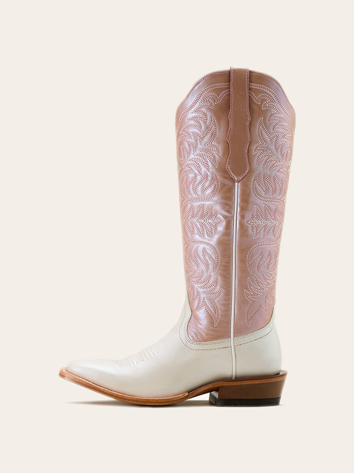 Contrast Ivory And Metallic Pink Square-Toe Embroidery Wide Mid Calf Cowgirl Boots