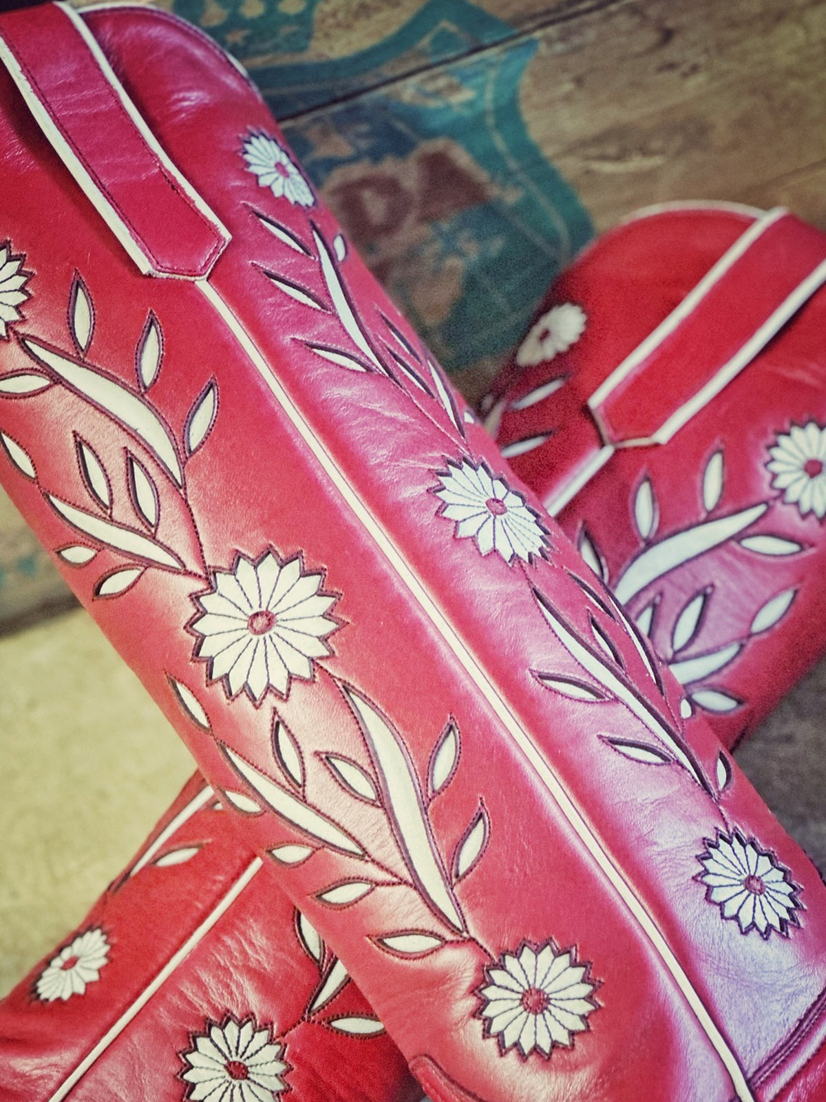 Red Pointed-Toe White Sunflower Inlay Wide Calf Knee High Cowgirl Boots