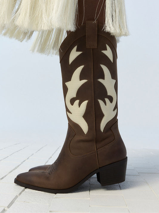 Brown Pointed-Toe Padded Inlay Full-Zip Mid Calf Cowgirl Boots