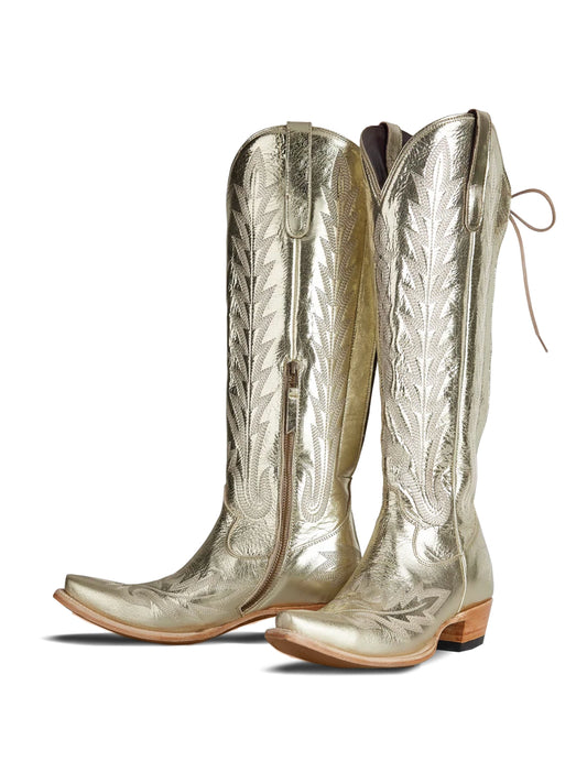 Snip-Toe Embroidery Half-Zip Back Lace-Up Knee High Cowgirl Boots - Metallic Champagne