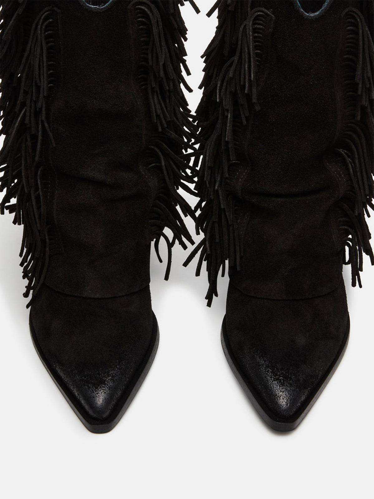 Black Faux Suede Pointed-Toe Full Fringe Fold-Over Mid Calf Cowgirl Boots