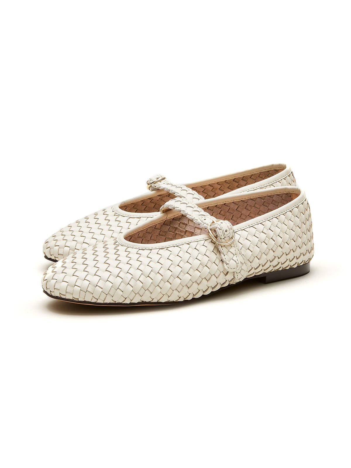 Ivory Woven Vegan Leather Round-Toe Mary Jane Ballet Flats