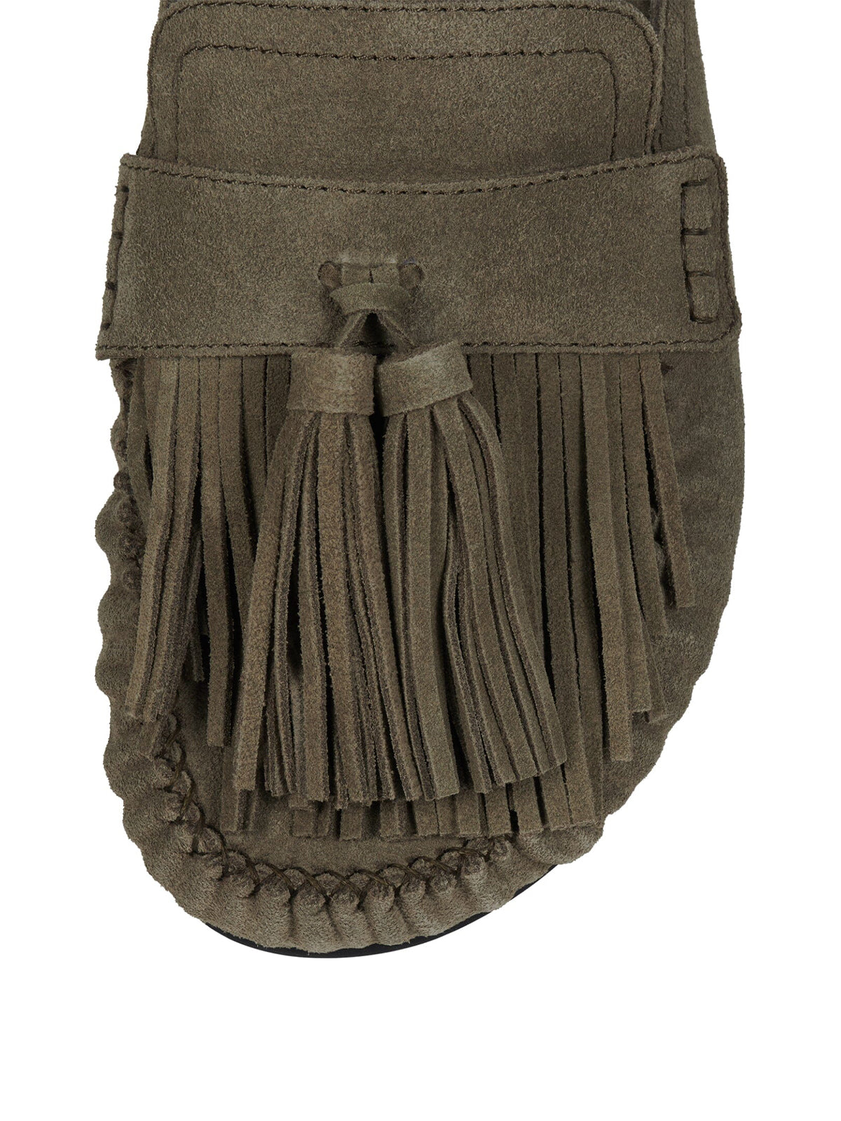 Light Khaki Faux Suede Round-Toe Front Fringe Backless Slip-On Flats