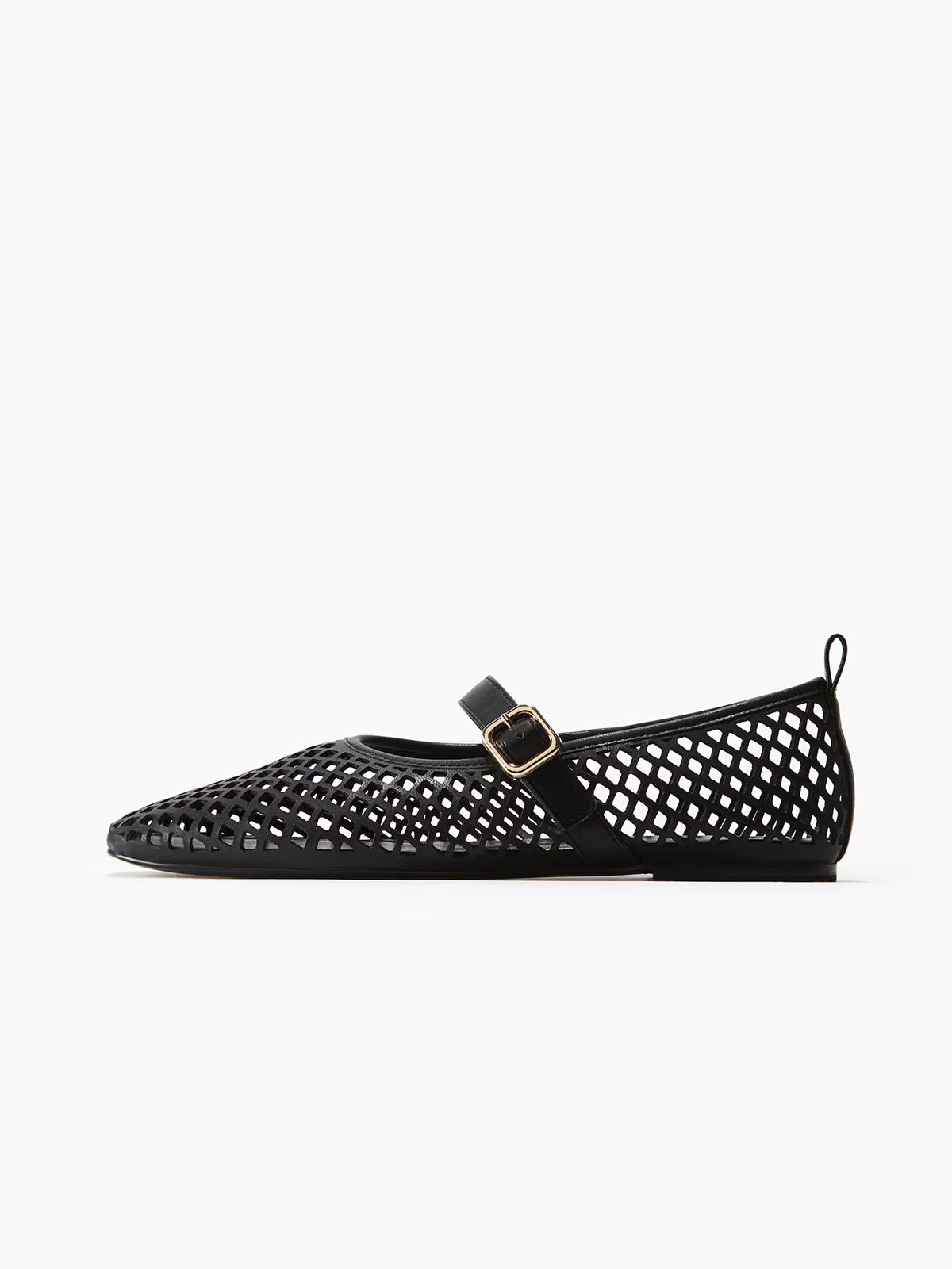 Perforated Square-Toe Bridge Strap Mary Jane Ballet Flats - Black