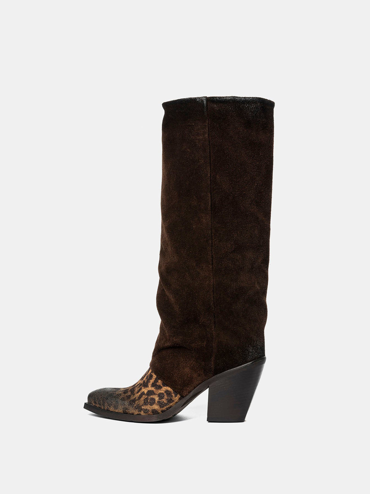 Contrast Dark Brown And Leopard Faux Suede Snip-Toe Wide Calf Knee High Cowgirl Boots
