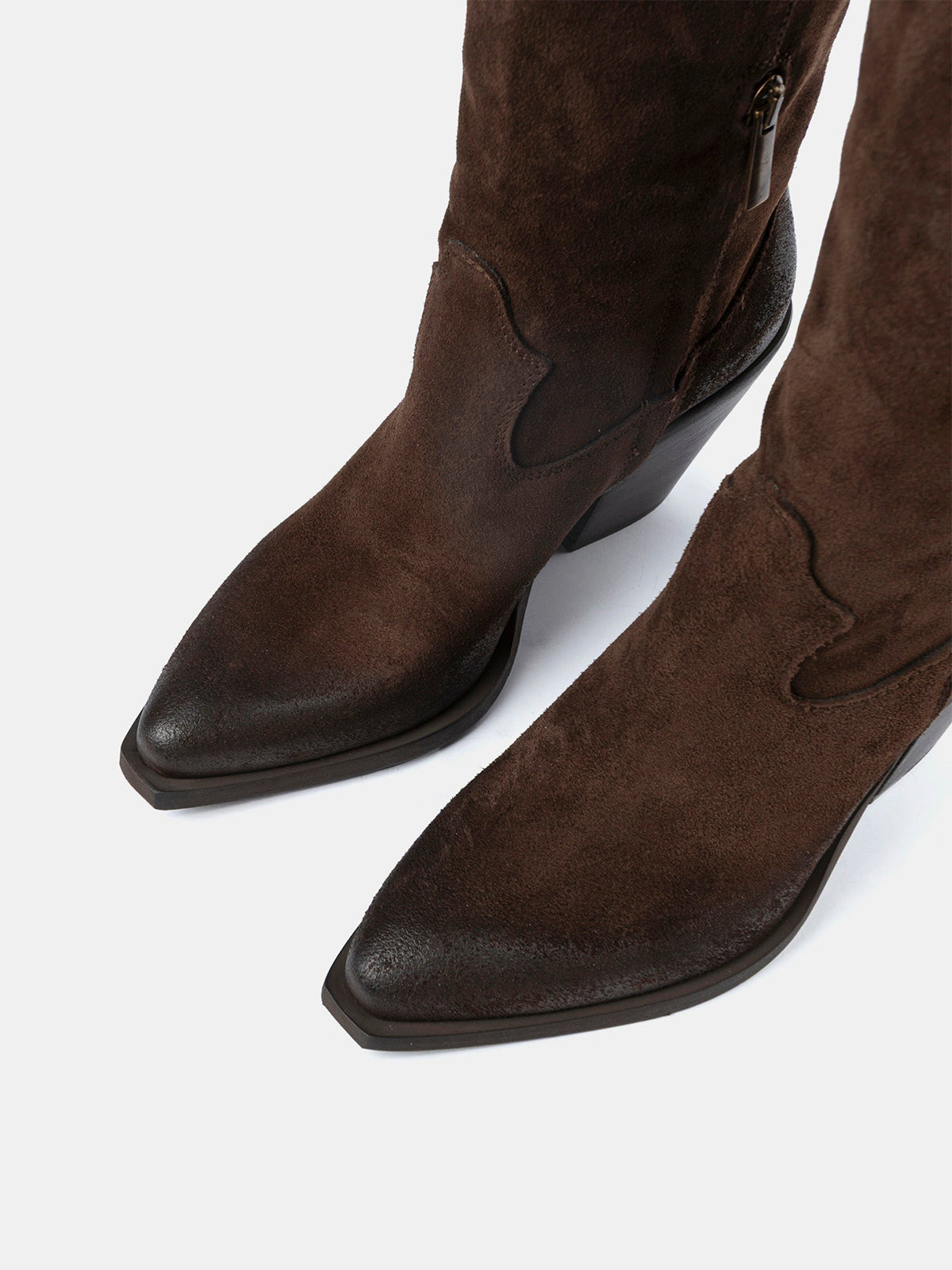 Dark Brown Faux Suede Snip-Toe Simple Half-Zip Mid Calf Classic Cowgirl Boots