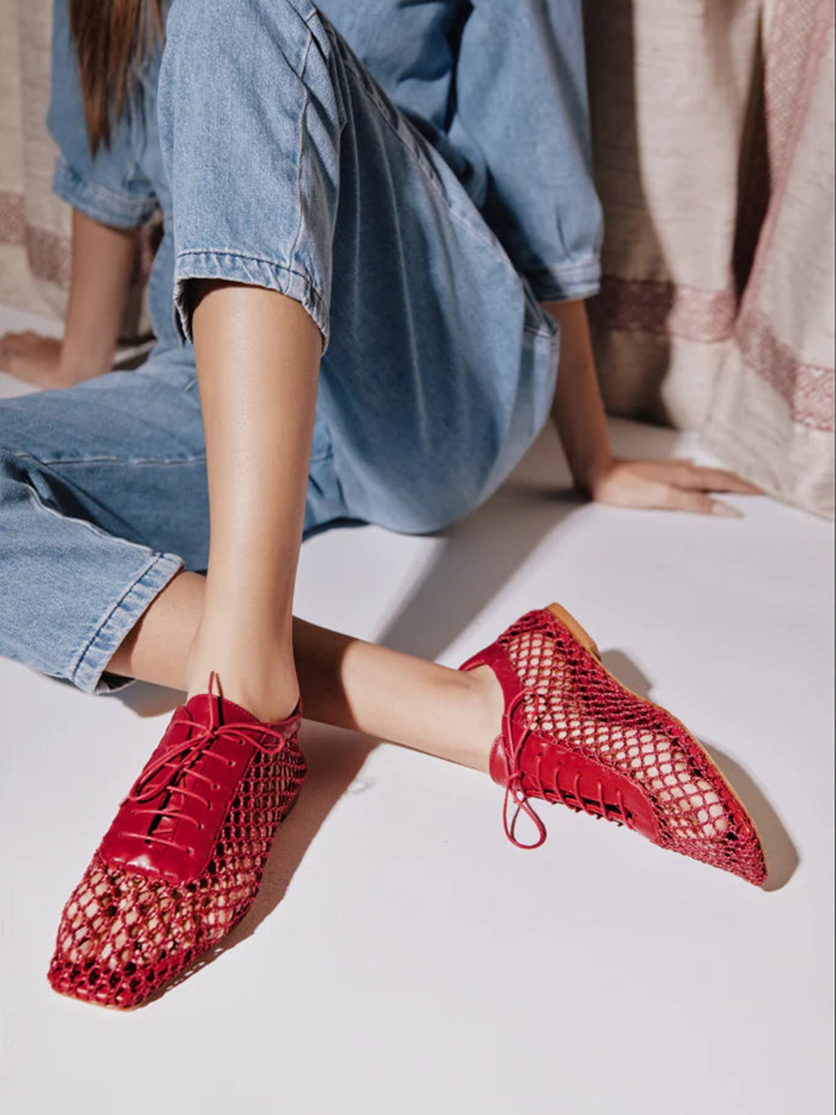 Red Mesh And Vegan Leather Square-Toe Lace-Up Chic Flats