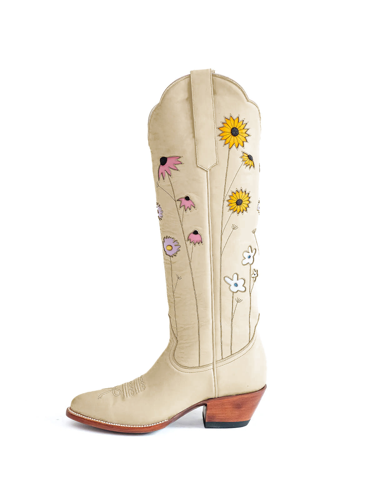 Beige Almond-Toe Colorful Flowers Inlay Wide Calf Knee High Cowgirl Boots
