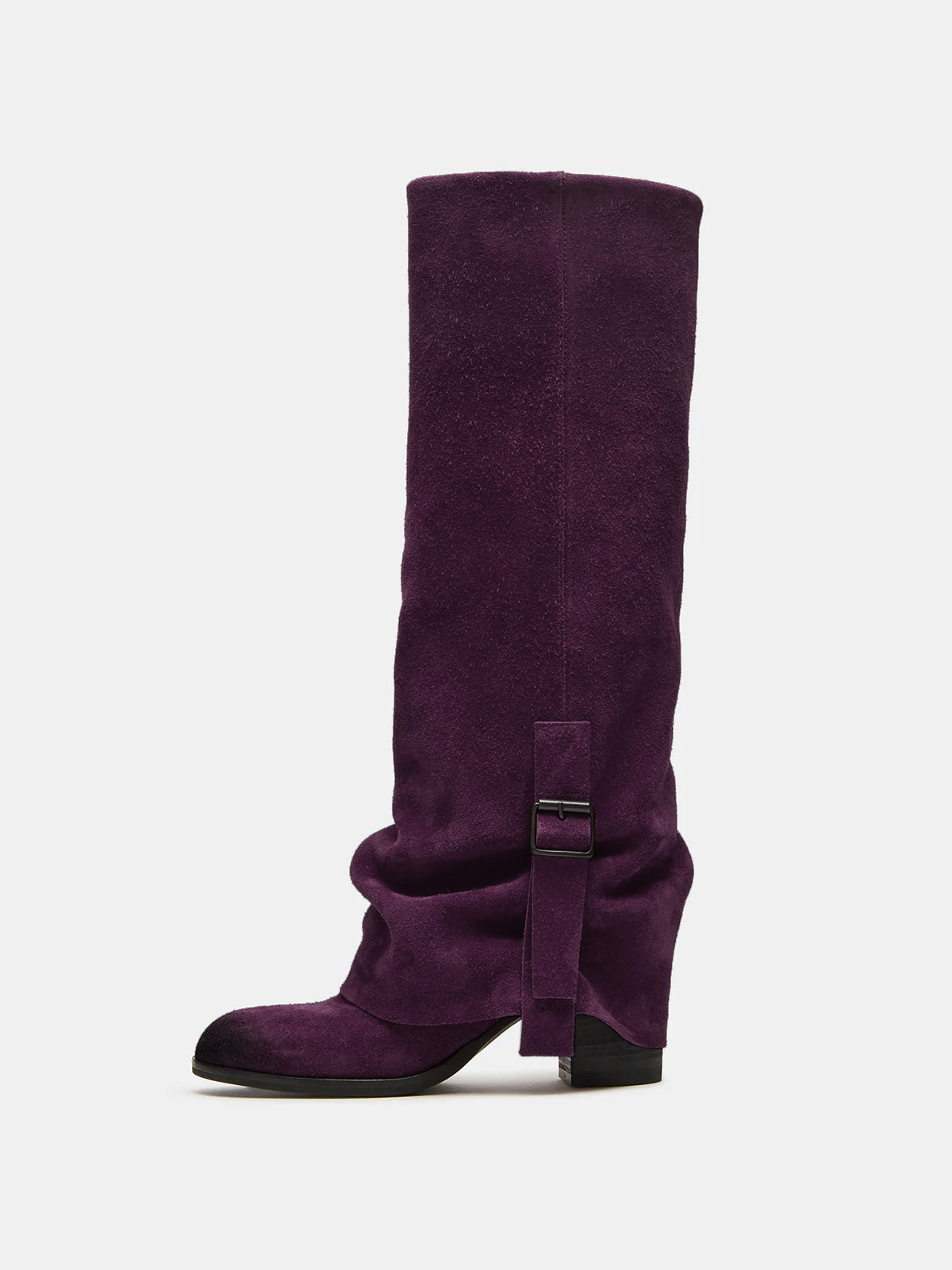 Grape Purple Faux Suede Round-Toe Fold-Over Adjustable Buckle Knee High Cowgirl Boots