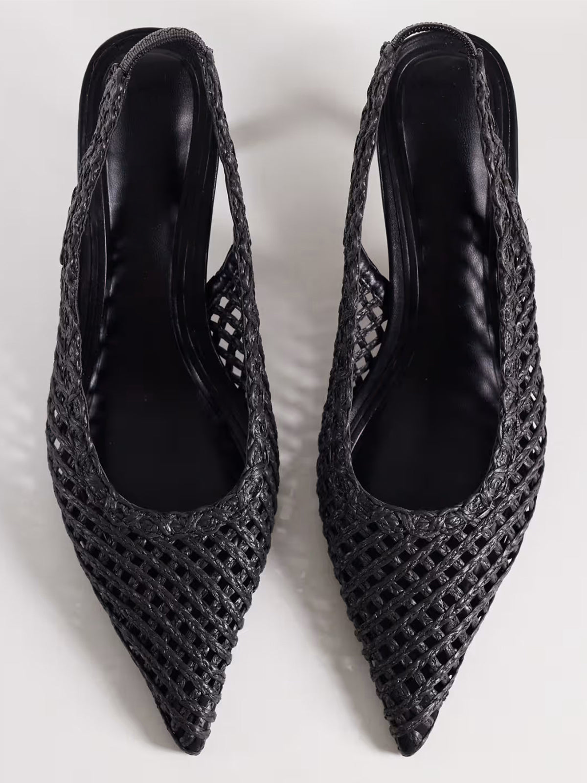 Black Rope Weaving Pointed-Toe Classic Back Strap Kitten Heels
