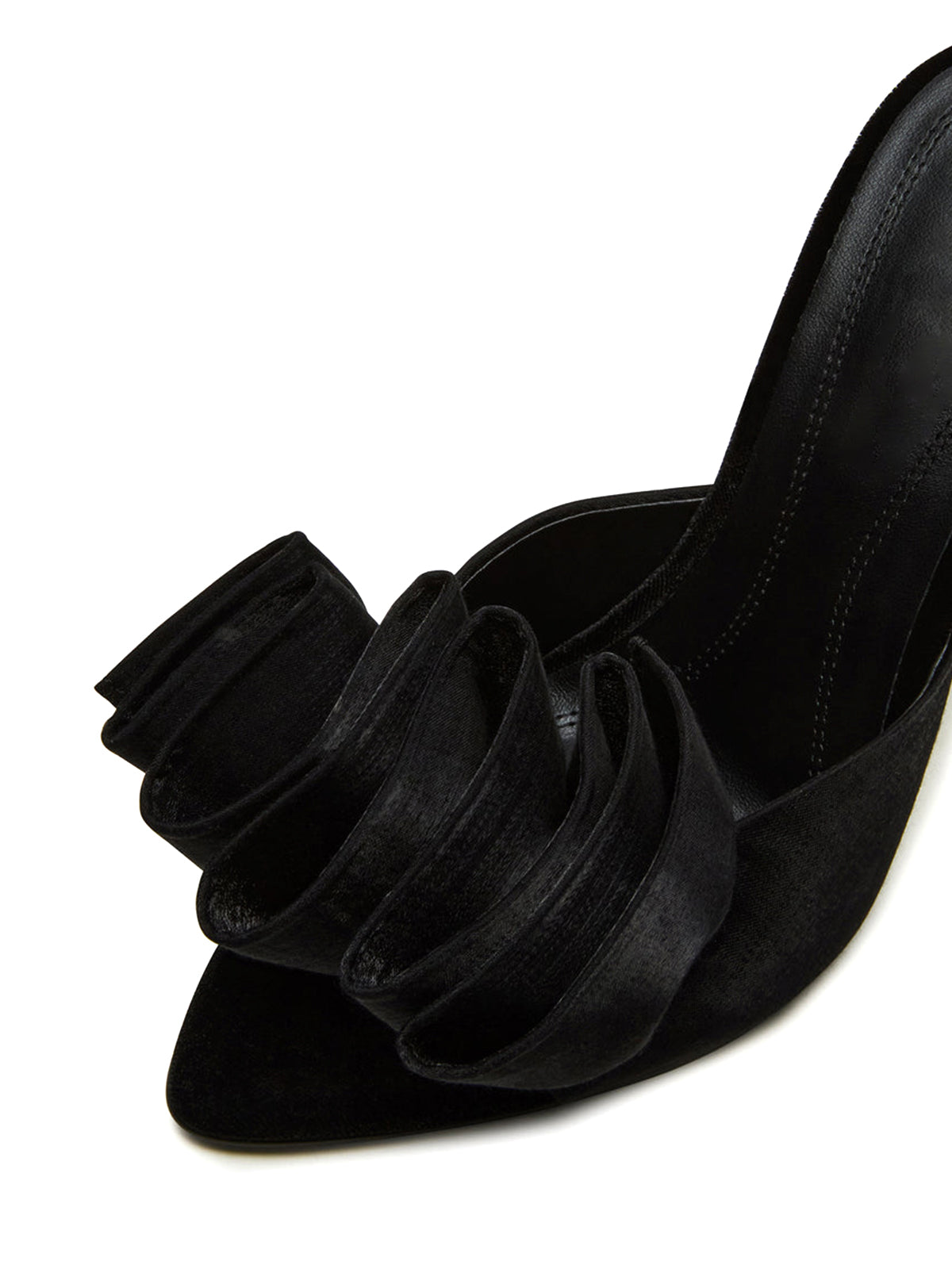 Pointed-Toe Slip-On Pearl Ruffle High Heels - Black Satin