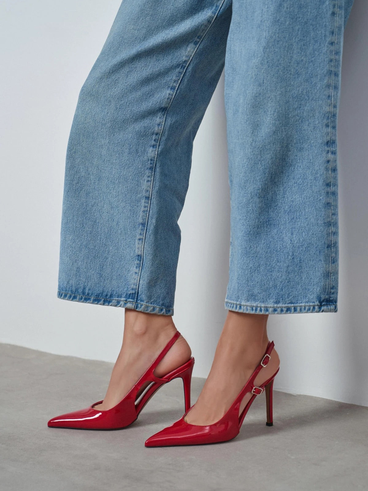 Patent Leather Pointed-Toe Buckle Back Strap Chic High Heels - Red