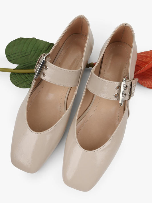 Bone Square-Toe Buckle Bridge Strap With Eyelets Ballet Flats