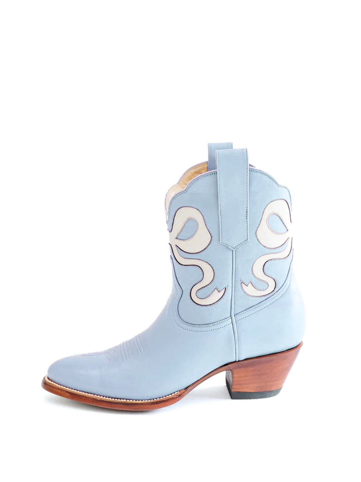 Blue Almond-Toe Ankle Western Boots With White Bowknot Inlay