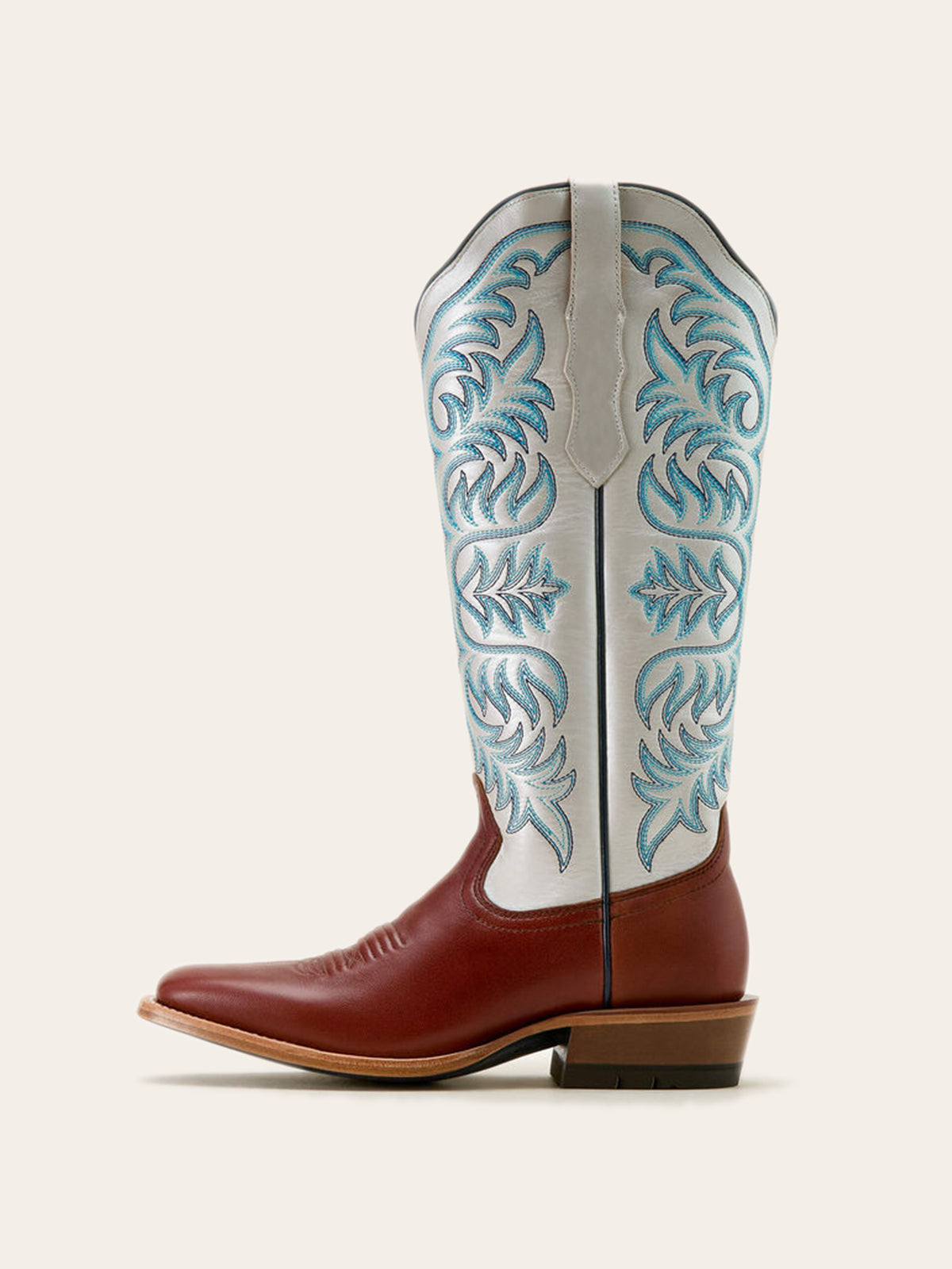 Contrast Cognac And Metallic Ivory Square-Toe Embroidery Wide Mid Calf Cowgirl Boots