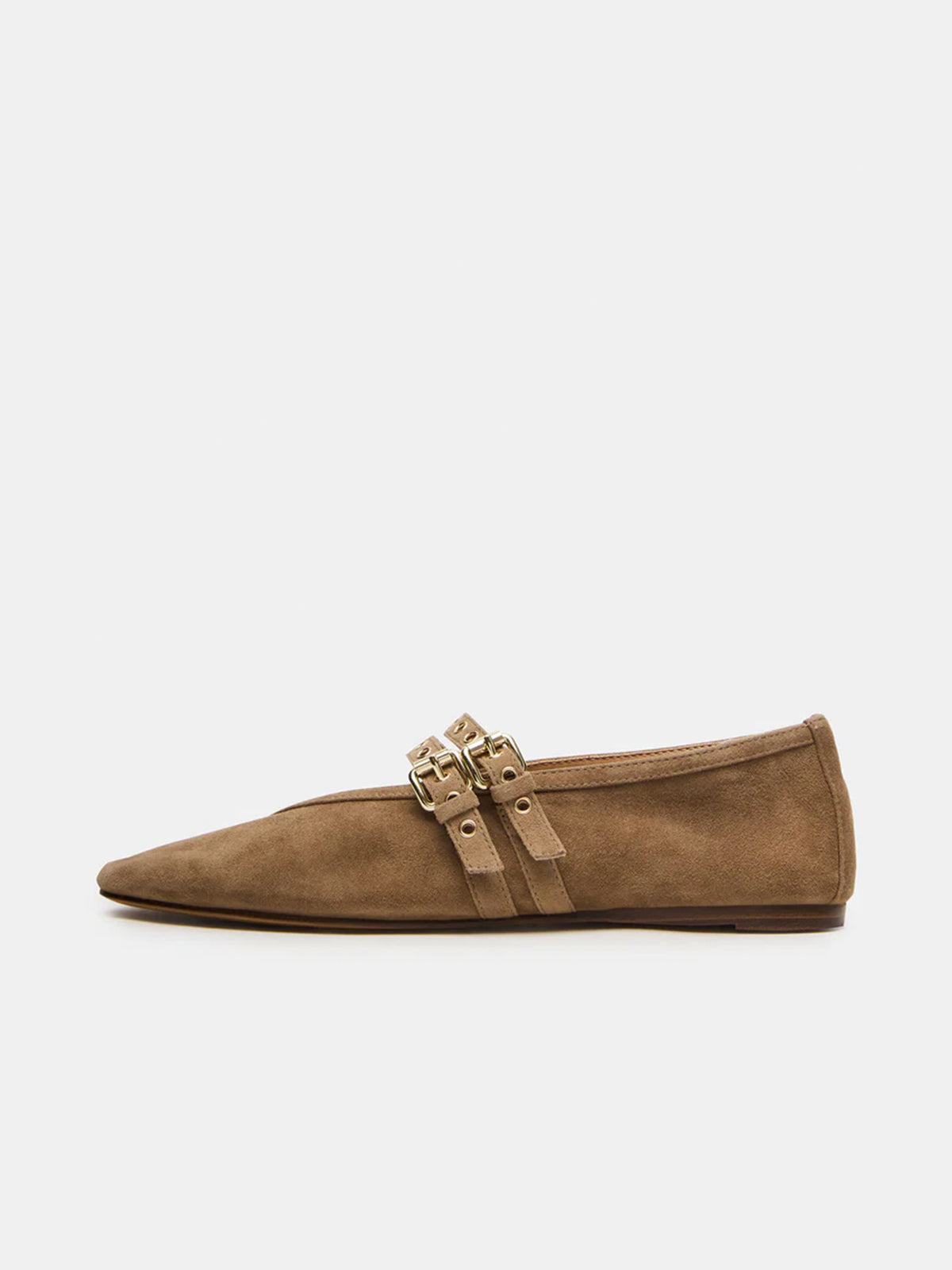 Taupe Faux Suede Square-Toe Double Bridge Straps Ballet Flats