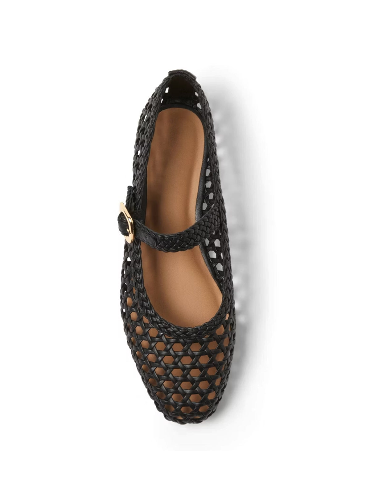Black Woven Vegan Leather Square-Toe Buckle Mary Jane Classic Flats