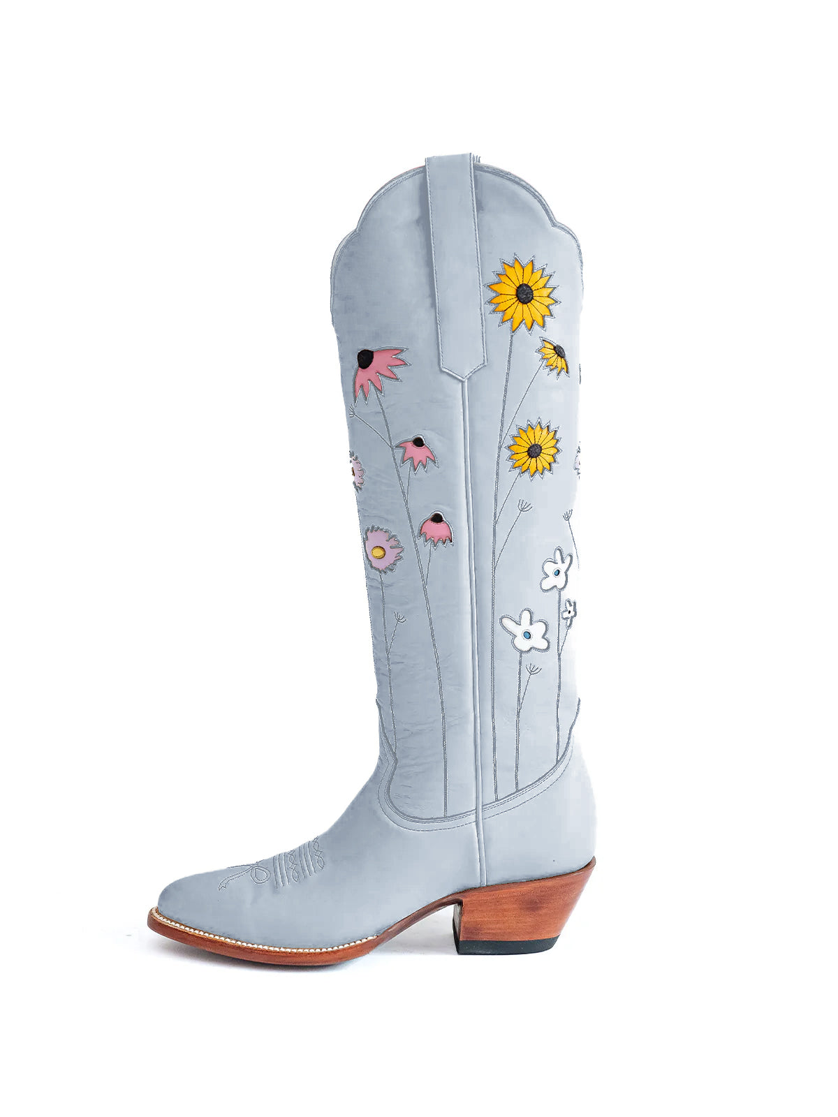 Gray Almond-Toe Colorful Flowers Inlay Wide Calf Knee High Cowgirl Boots