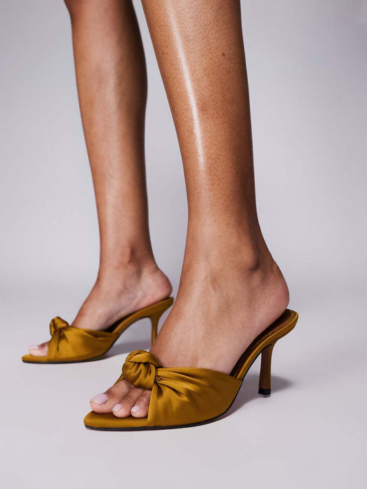 Mustard Yellow Satin Pointed-Toe Knot Slip-On Backless High Heels