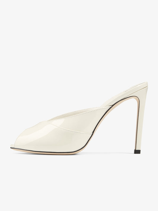 Patent Ivory Peep Round-Toe Slip-On Mules High Heels