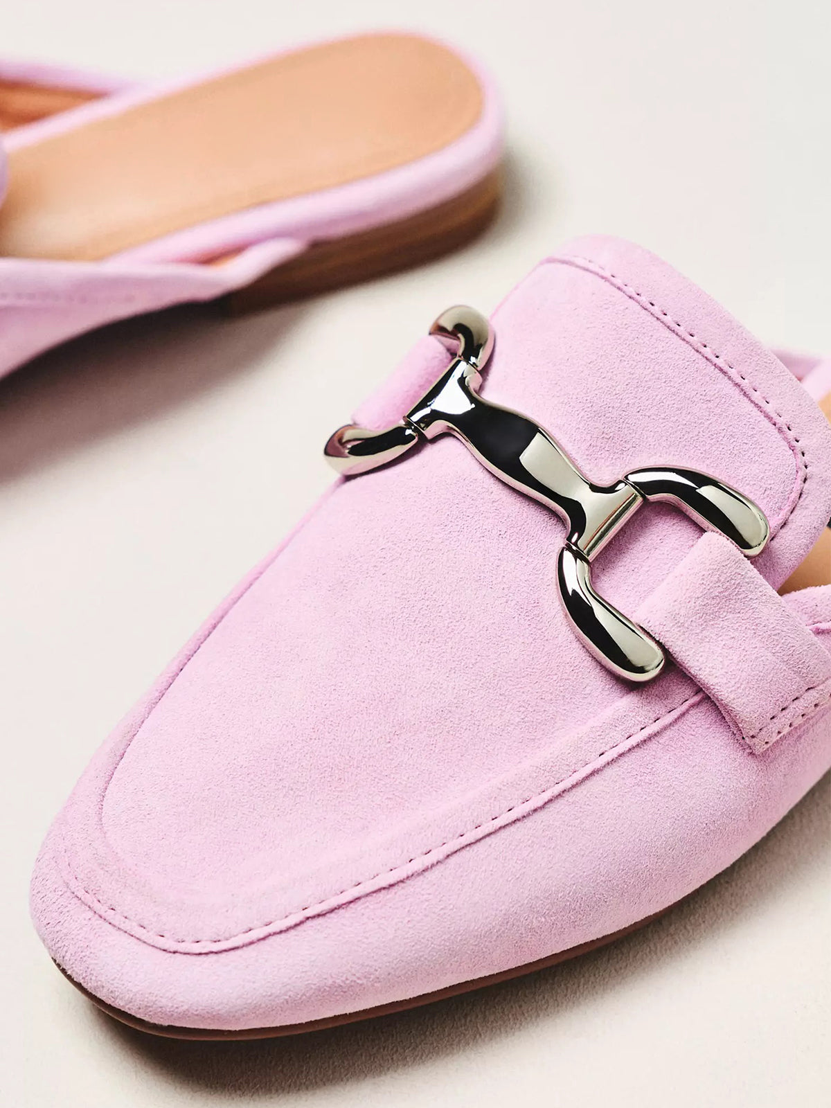 Sakura Pink Faux Suede Square-Toe Slip-On Front Metal Detail Flats Loafers