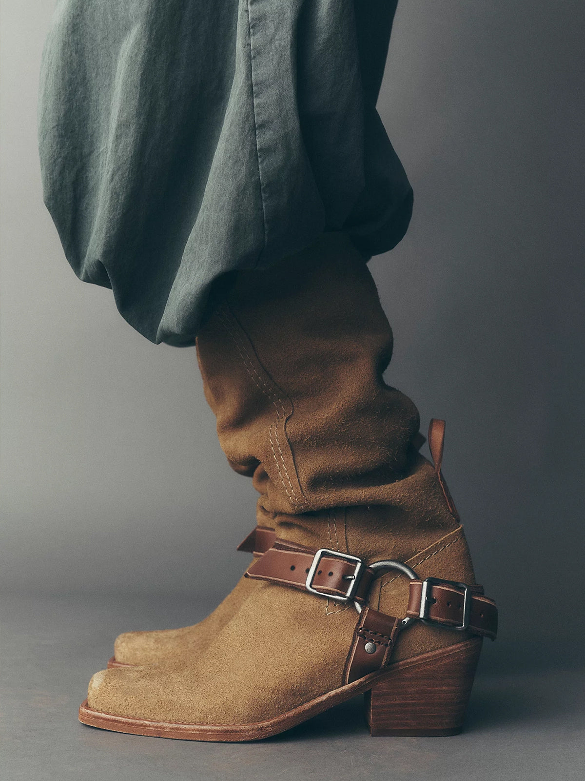 Beige Faux Suede Square-Toe Western Mid Calf Cowgirl Boots