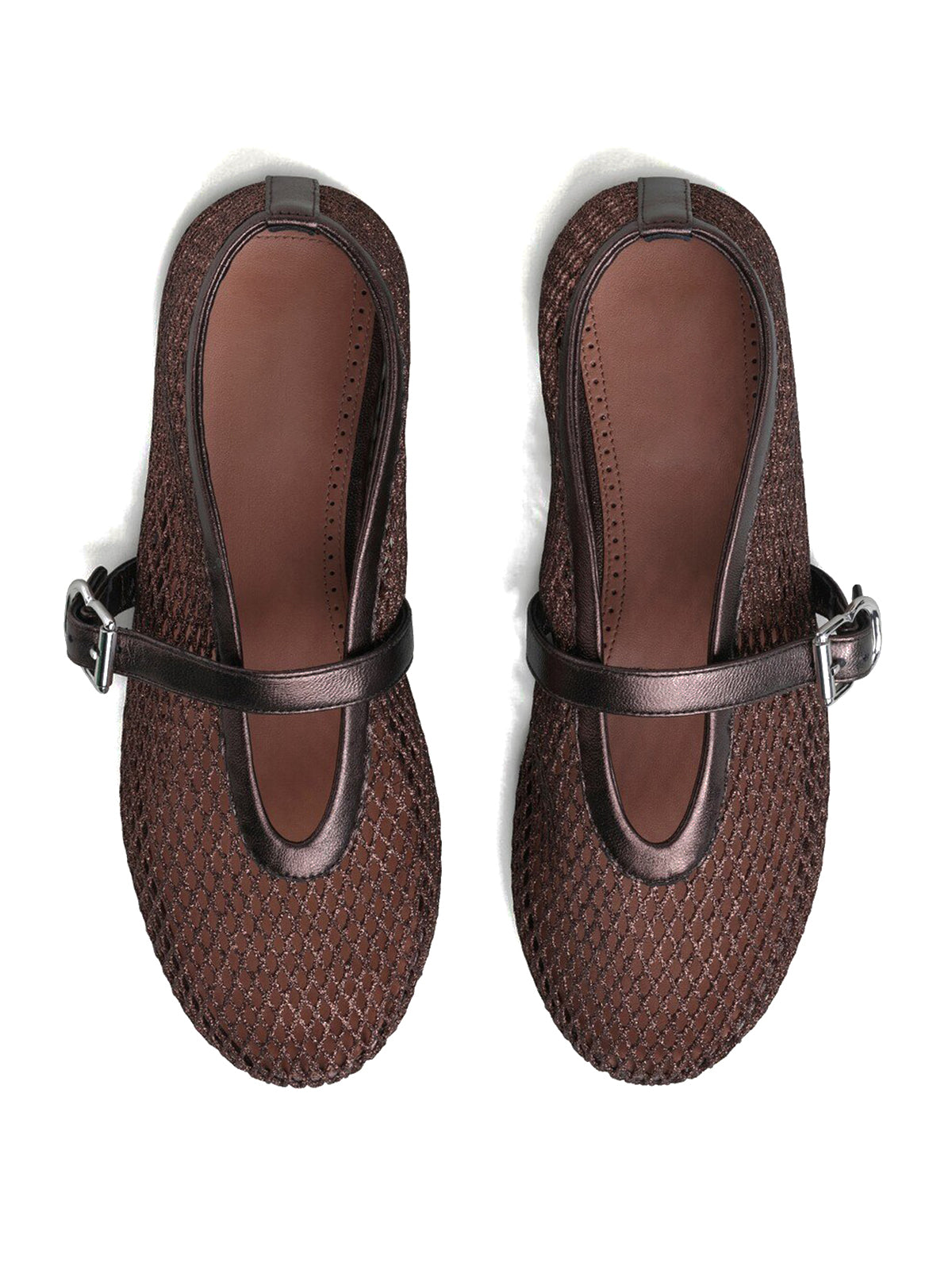 Metallic Bronze Mesh And Vegan Leather Round-Toe Buckle Bridge Strap Flats