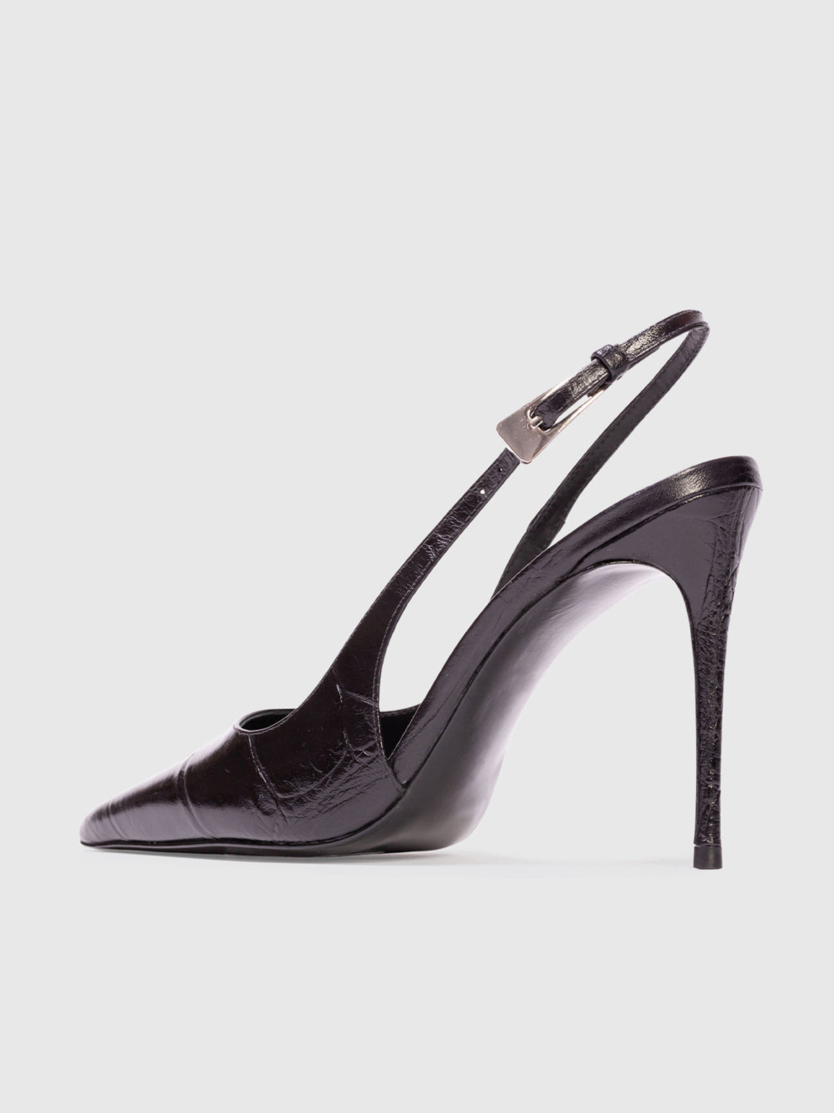 Black Pointed-Toe Crocodile Print Slingback High Heels