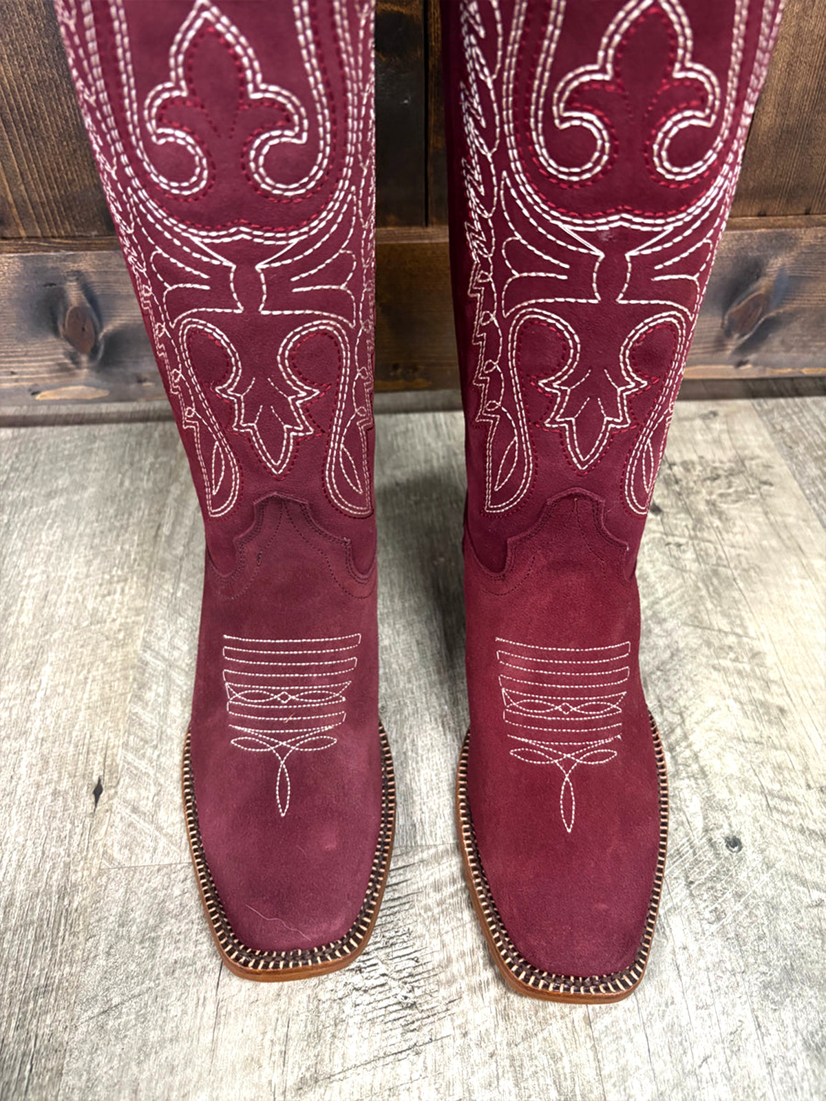 Burgundy Faux Suede Square-Toe Classic Embroidery Wide Calf Knee High Cowgirl Boots