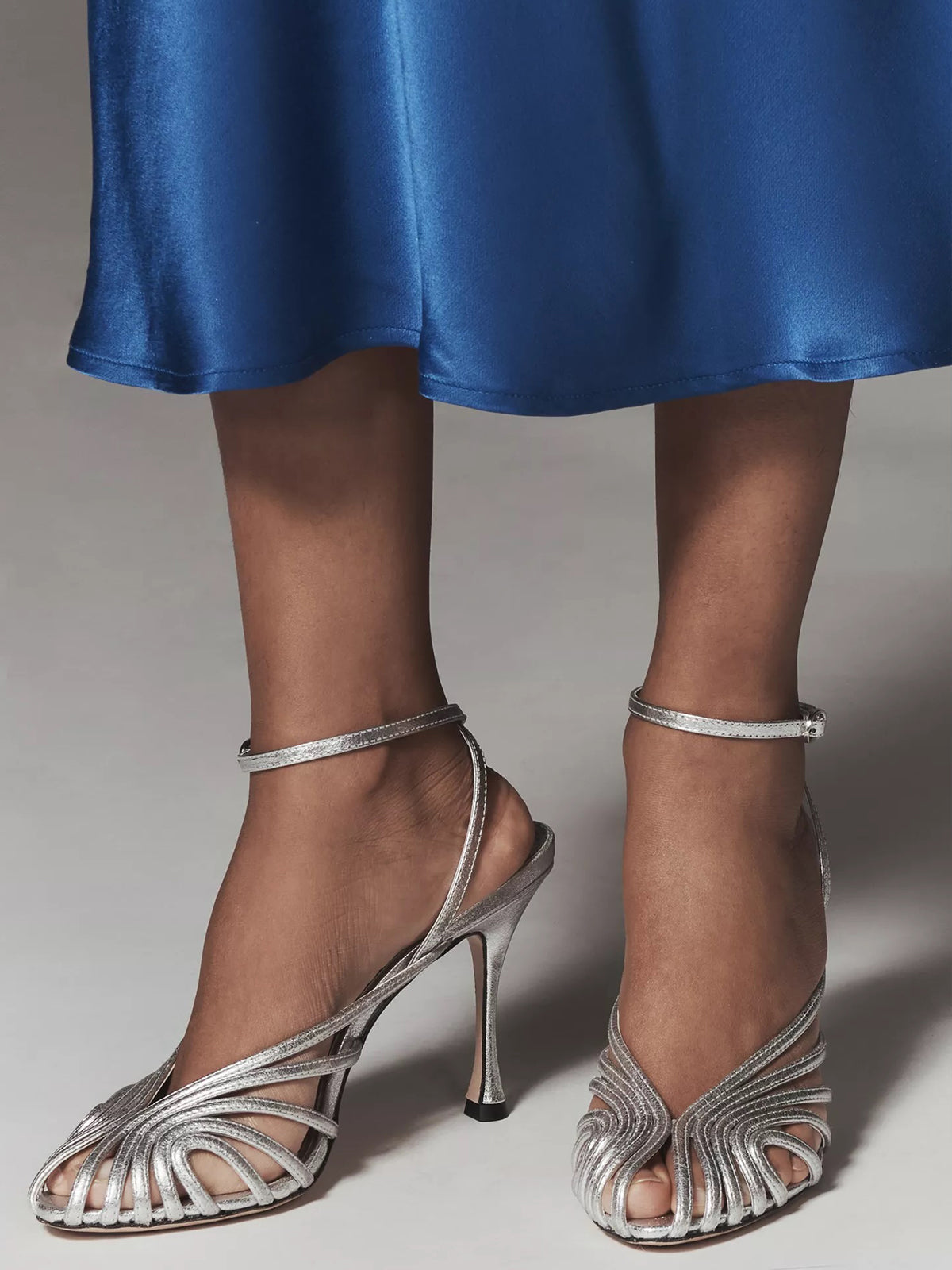 Metallic Silver Peep Pointed-Toe Slingback And Buckle Ankle Strap High Heels