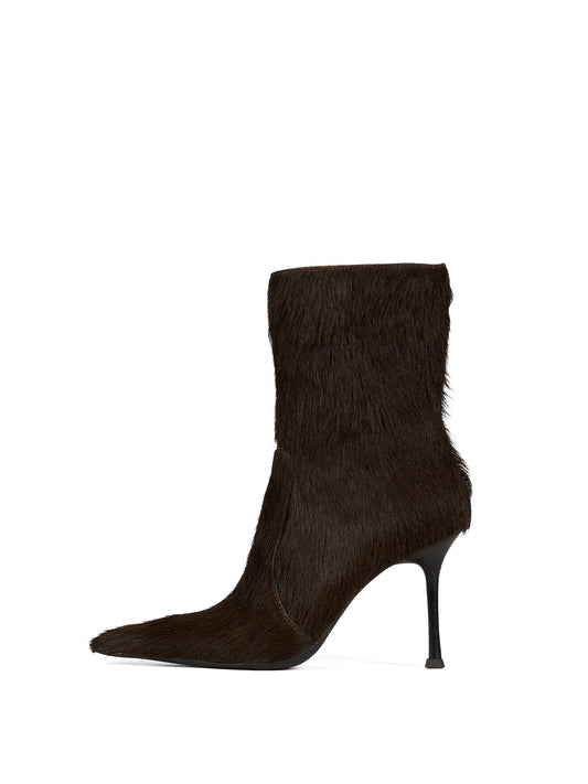 Brown Pony Hair Vegan Leather Pointed-Toe Full-Zip Ankle Stiletto Boots