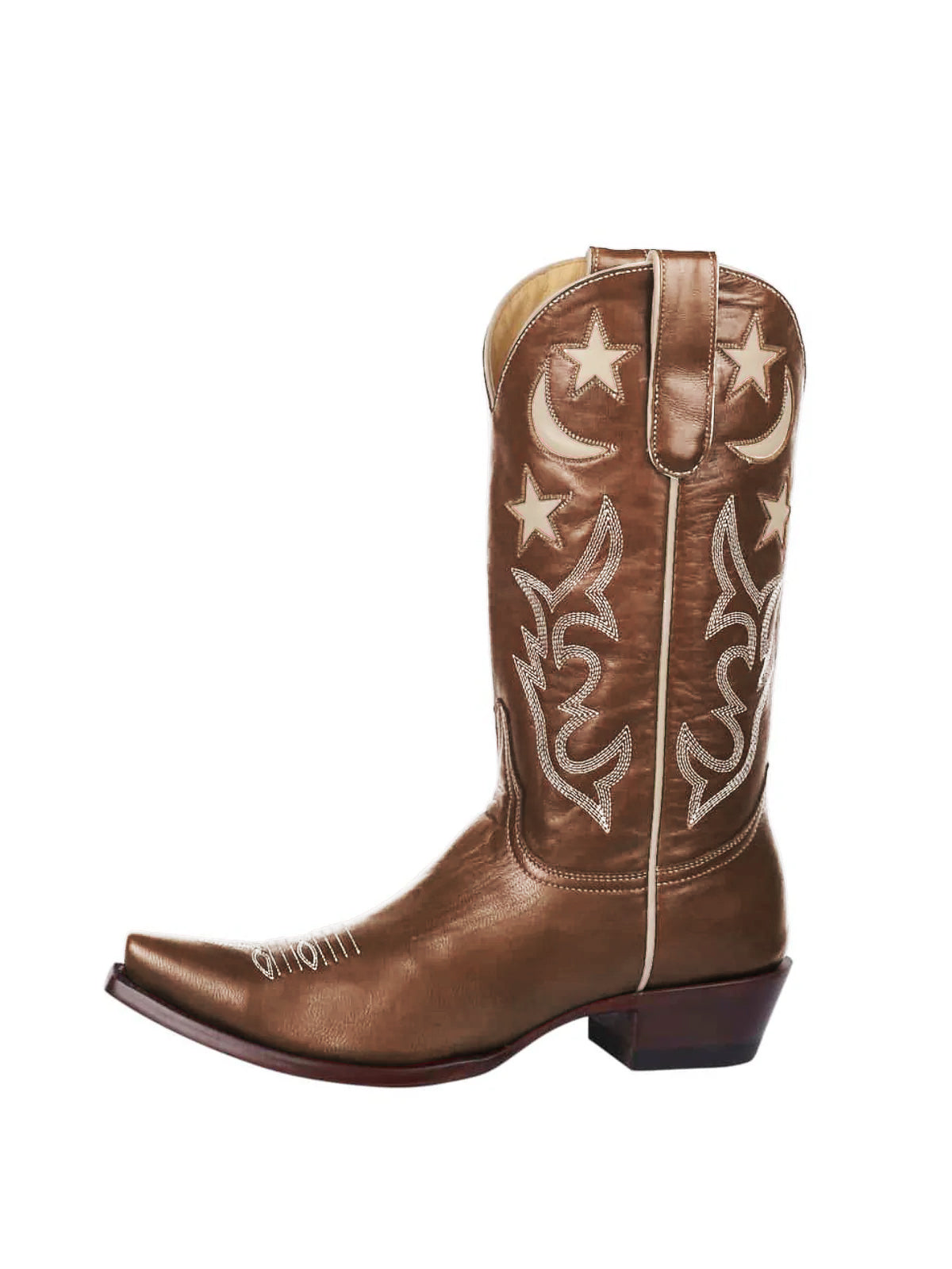 Metallic Bronze Snip-Toe Moon And Star Inlay Embroidery Mid Calf Cowgirl Boots