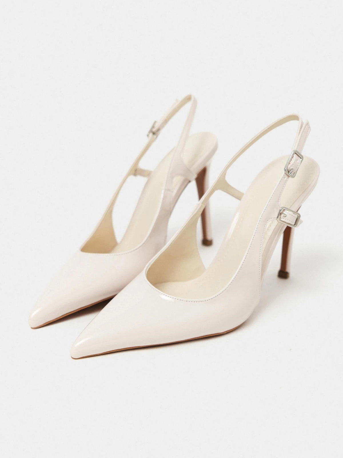 Patent Leather Pointed-Toe Buckle Back Strap Chic High Heels - Ivory
