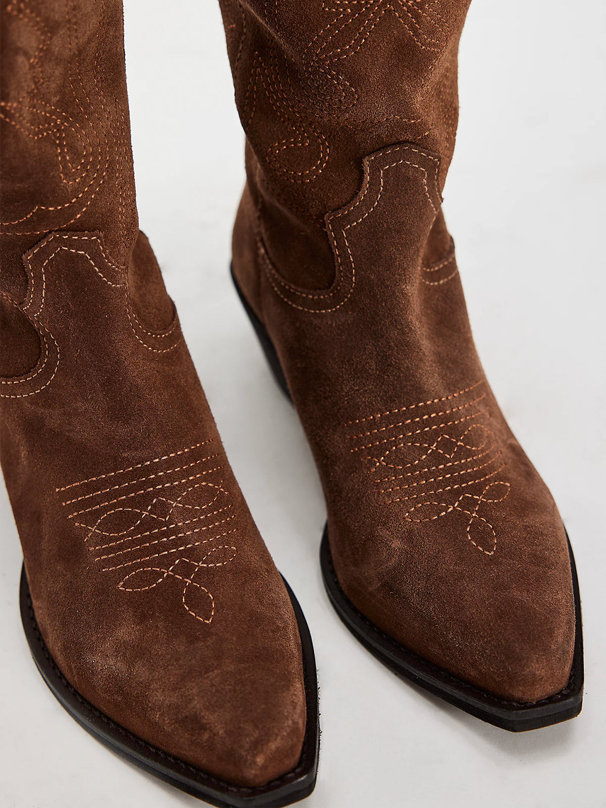 Brown Faux Suede Snip-Toe Classic Stitch Mid Calf Cowgirl Boots