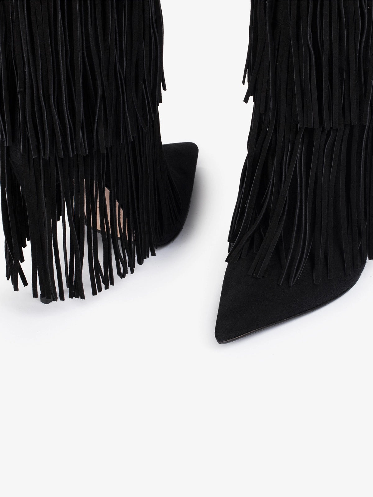 Black Faux Suede Pointed-Toe Fringe Tall Knee High Wide Calf Stiletto Boots