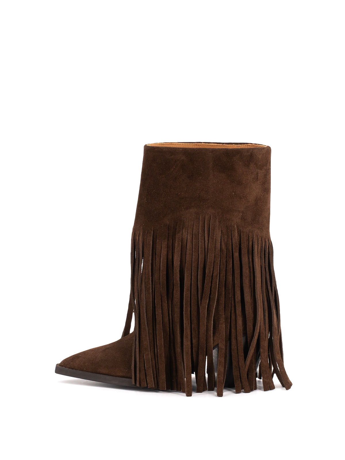 Dark Brown Faux Suede Pointed-Toe Fringe Mid Calf Cowgirl Boots